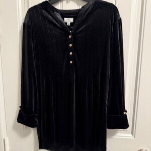 KIM ROGERS BLACK VELOUR WOMEN’S TOP, LONG SLVS WITH BUTTON TAB CUFF, SIZE LARGE